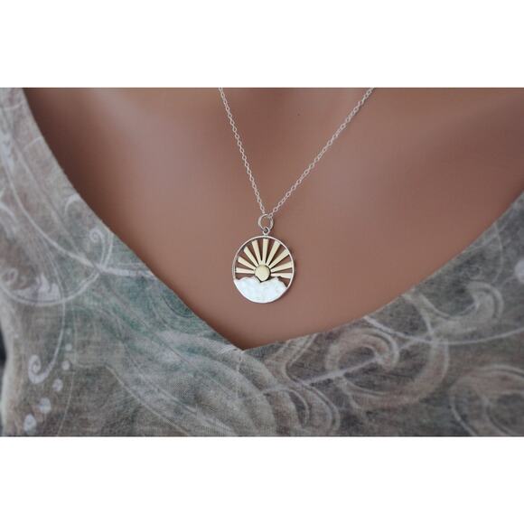 Sterling Silver Mountain Sunrise with Bronze Sun Necklace - Picture 2 of 3